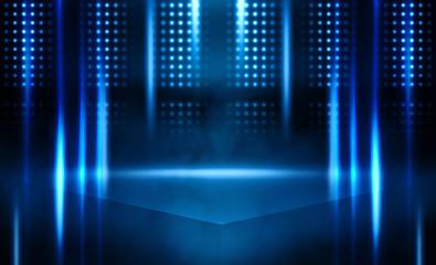 Background of empty stage show. Neon light and laser show. Laser futuristic shapes on a dark background. Abstract dark background with neon glow