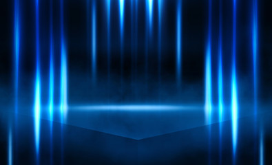 Background of empty stage show. Neon light and laser show. Laser futuristic shapes on a dark background. Abstract dark background with neon glow