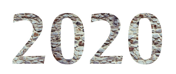 Stone numeral font 2020 year isolated on white background. Numbers and symbols. Textured materials.