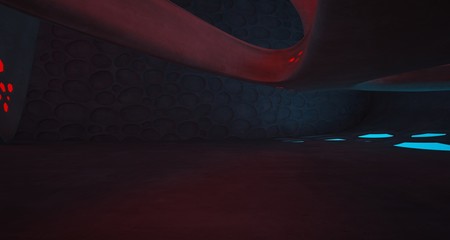 Abstract  Concrete Futuristic Sci-Fi interior With Red And Blue Glowing Neon Tubes . 3D illustration and rendering.