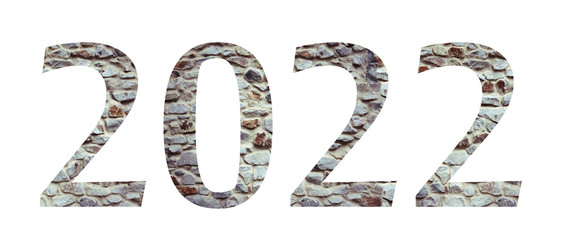 Stone numeral font 2022 year isolated on white background. Numbers and symbols. Textured materials.