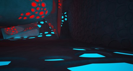 Abstract  Concrete Futuristic Sci-Fi interior With Red And Blue Glowing Neon Tubes . 3D illustration and rendering.
