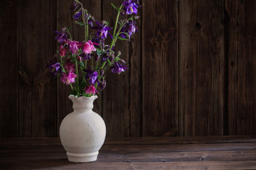 aquilegia flowers in white vase on old wooden background