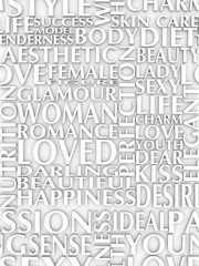 Woman and love relative words. Keywords cloud. 3D rendering