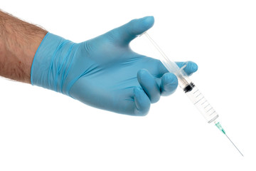Man's gloved hand with a syringe with clear liquid isolated on white