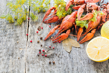 Boiled crawfish with lemon and dill on a wooden background