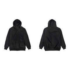 Blank plain bomber jacket hoodie black color front and back view bundle pack isolated on white...