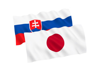 National fabric flags of Slovakia and Japan isolated on white background. 3d rendering illustration. Proportion 1:2