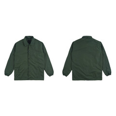 Blank plain windbreaker jacket green color front and back side view isolated on white background....