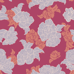 Vector Roses in Blue, Red and Orange seamless pattern background.