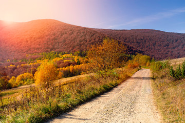 Mountain road in autumn in the rays of the sunset.  Bieszczady National Park - Poland