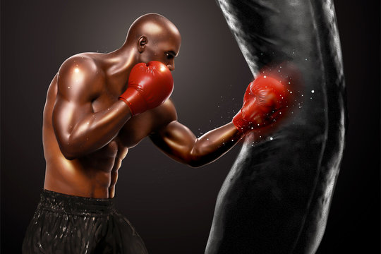 Strong boxer punching sandbag