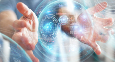 Businessman using digital technological interface with datas 3D rendering