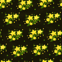 Seamless vector pattern with yellow flowers on a dark background.