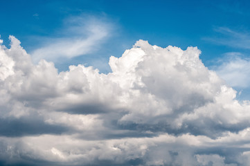 Naklejka na ściany i meble fluffy white cloud on air clear blue sky weather background. high contrast
