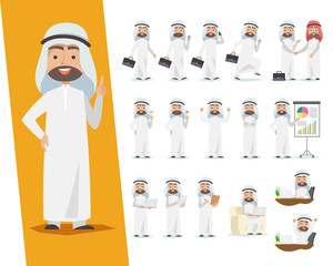 Set of Saudi businessman. Arab man character design with a different poses on a white background.