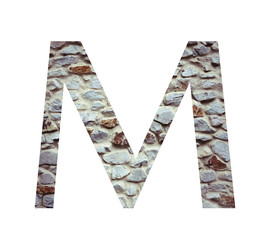 Stone font letter M  isolated on white background. Letters and symbols. Textured materials.