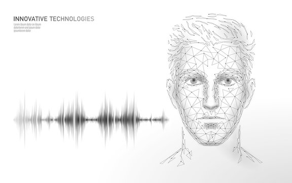 Virtual assistant voice recognition service technology. AI artificial intelligence robot support. Chatbot male man face low poly vector illustration