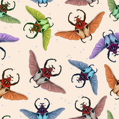 Seamless pattern with goliath beetle. Vector