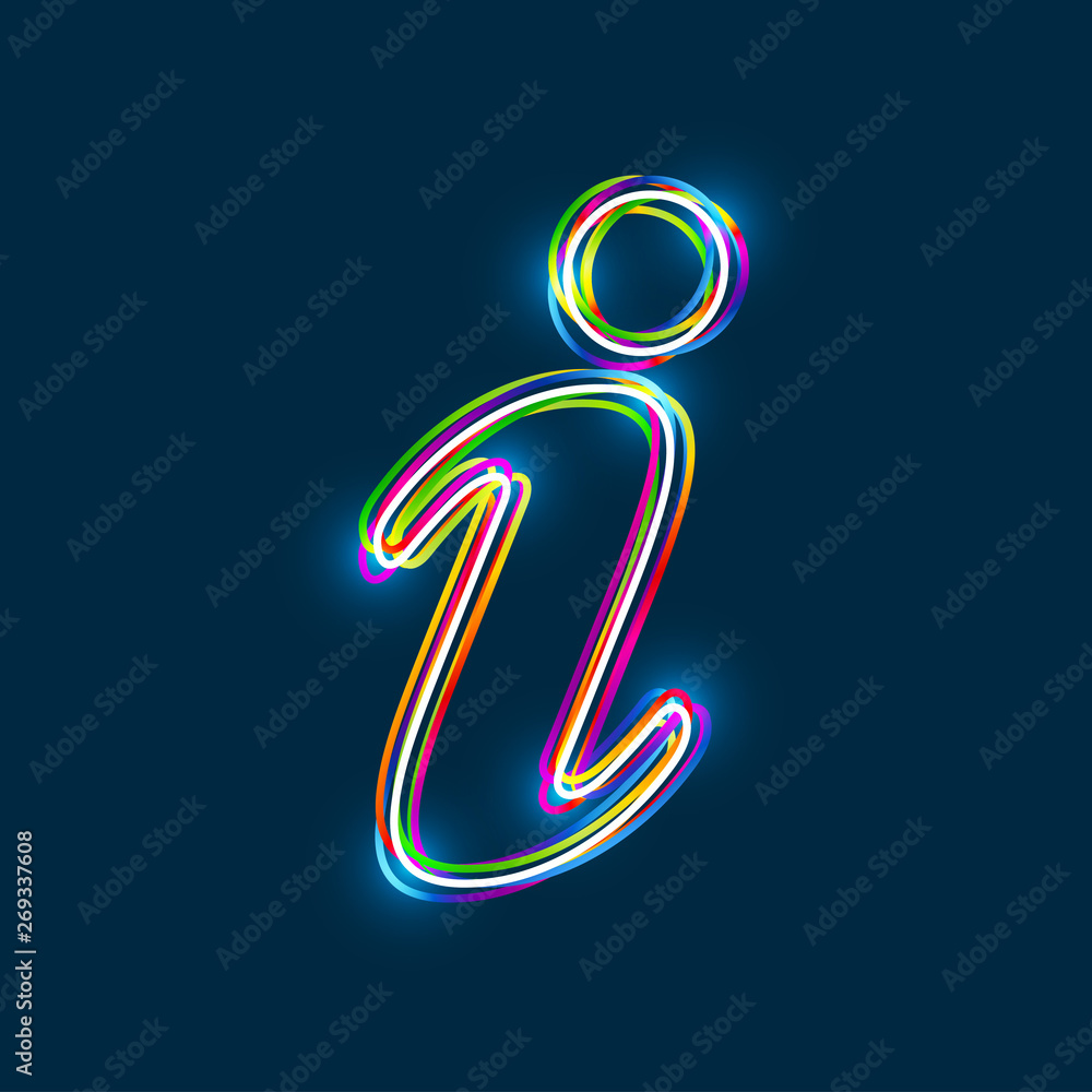Poster colorful multi-layered outline of an information icon with glowing light effect on blue background