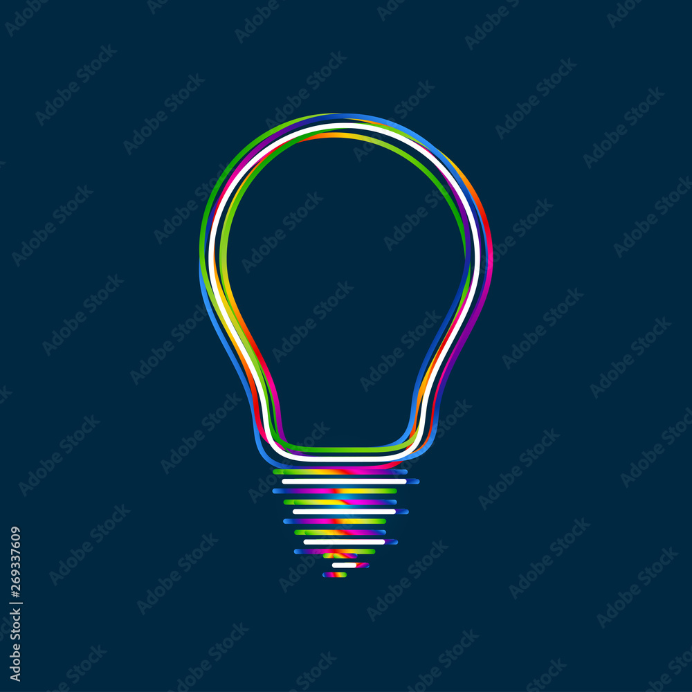 Poster colorful multi-layered outline of a light bulb with glowing light effect on blue background