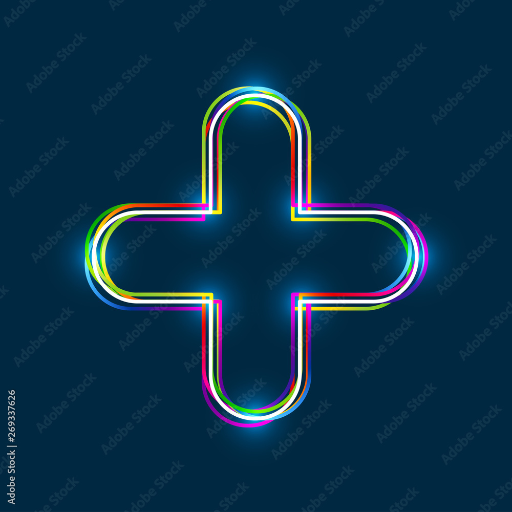 Poster colorful multi-layered outline of a plus sign with glowing light effect on blue background