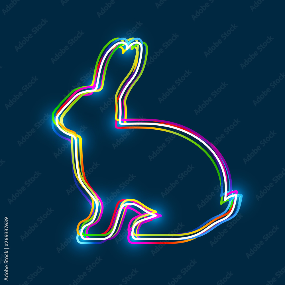 Poster colorful multi-layered outline of a rabbit with glowing light effect on blue background