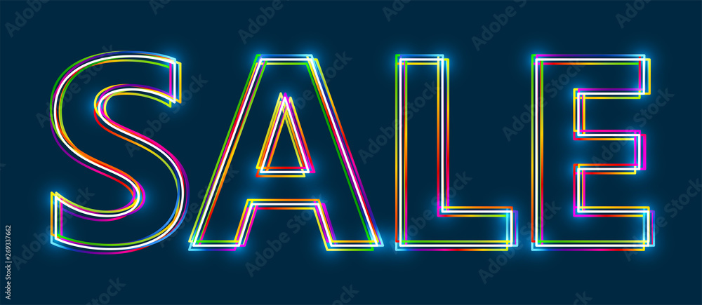 Poster colorful multi-layered outline of a text sale with glowing light effect on blue background