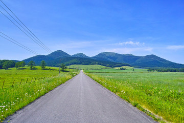 Fototapeta na wymiar 初夏の北海道、草原と牧草地の間の直線道路