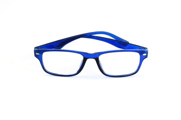 Close-up of blue glasses on white background.