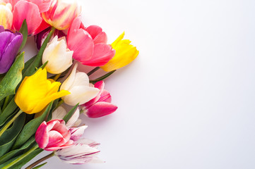 bright spring bouquet of multi-colored tulips on a white background
