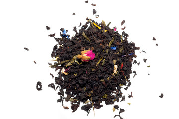 floral black green tea bunch, close up, isolated