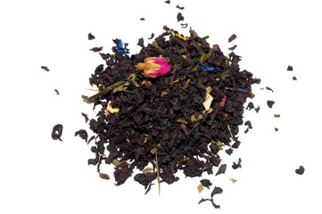 floral black green tea bunch, close up, isolated