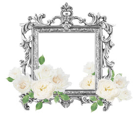 antique golden frame White roses around isolated on white background
