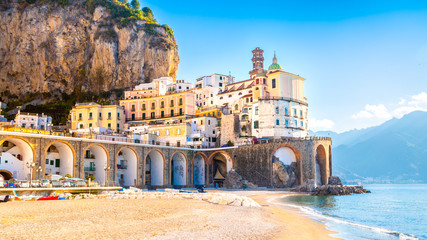 Amalfi cityscape on coast line of mediterranean sea, Italy - obrazy, fototapety, plakaty