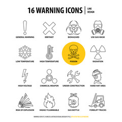 vector set of warning icons, collection of hazard symbols, 16 isolated simple danger signs, industrial thin line style design, illustration of modern outline elements and shapes on white background - 269338253