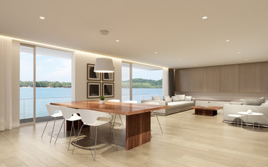 Perspective of modern luxury living room with wood dining table and white sofa on sea view background,Idea of family vacation - warm interior design - 3D rendering.