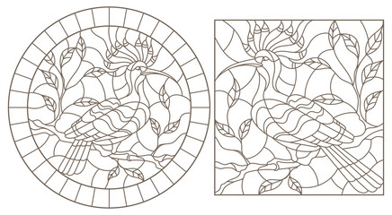 Set of contour illustration of stained glass Windows with birds hoopoes on tree branches, dark contours on white background