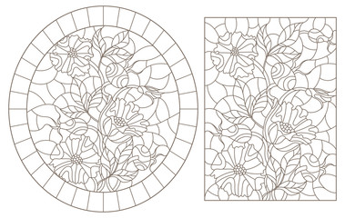 A set of contour illustrations of stained glass Windows with flowers and berries of rose hips, dark contours on a white background