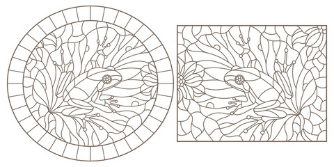 Set of contour illustrations of stained glass Windows with frogs on plants, dark contours on a light background