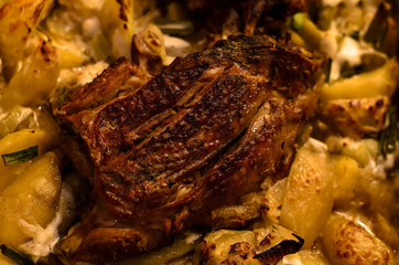 Closeup shot of  turkey meat with potato baked in oven, horizontal, rustic style. Thanksgiving dinner