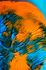 Obraz premium Dynamic fluid color paint splashes background. Blue and orange mixed liquid backdrop. Abstract marbling effect. Dynamic fluid