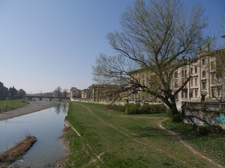 Parma riverside panorama. Panorama along Parma riverside near Ponte di Mezzo bridge.