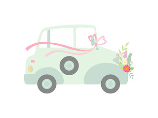 Vintage Car Decorated with Bow and Flowers, Wedding Retro Auto, Side View Vector Illustration