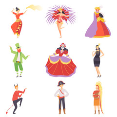 People in Bright Festival Costumes Set, Masquerade Ball, Carnival Party Design Element Vector Illustration