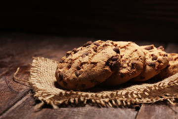 Chocolate cookies on wooden table. Chocolate chip cookies shot very delicious