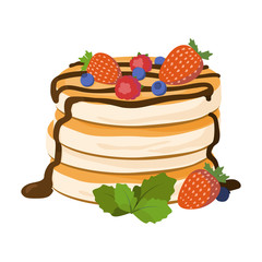 Pancakes vector illustration. Pancakes with berries and chocolate isolated on white background.