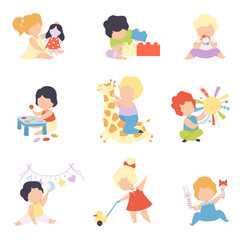 Cute Little Kids Playing with Toys Set, Toddler Boys and Girls Playing with Doll, Blocks, Stuffed Toys, Sorter, Rattle Vector Illustration