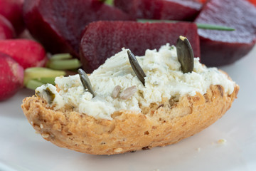 close up of crisp bread with cheese
