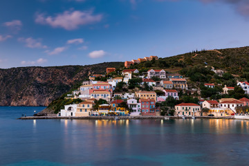 Sunset view of Asos village on the west coast of Kefalonia, Greece, Europe.